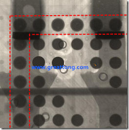 BGA錫球尺寸小于0.4mm，采用降低BGA內(nèi)圍襲球的錫膏量所得到X-Ray，稍微留意一下可以發(fā)現(xiàn)最外圈的錫量(圓的直徑)比其他內(nèi)圍的錫球上的錫量來得多一點(diǎn)點(diǎn)。也就是外圈的黑色圓形直徑比內(nèi)圈的圓形來得大一點(diǎn)點(diǎn)。