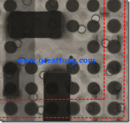 BGA錫球尺寸小于0.4mm，采用降低BGA內(nèi)圍襲球的錫膏量所得到X-Ray，稍微留意一下可以發(fā)現(xiàn)最外圈的錫量(圓的直徑)比其他內(nèi)圍的錫球上的錫量來得多一點(diǎn)點(diǎn)。也就是外圈的黑色圓形直徑比內(nèi)圈的圓形來得大一點(diǎn)點(diǎn)。