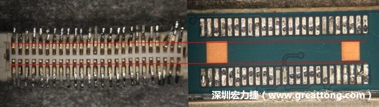把板對(duì)板連接器與其電路板的佈線焊墊作一個(gè)比較，端子的切斷面有毛邊的地方剛好對(duì)到了裸銅區(qū)。