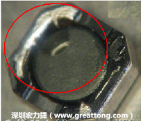 使用錫(Sn)鍍層的電源電感器(Power Inductors)，經(jīng)過(guò)推力測(cè)試后，其焊點(diǎn)還保留在零件的端點(diǎn)上，所以推力比較高。