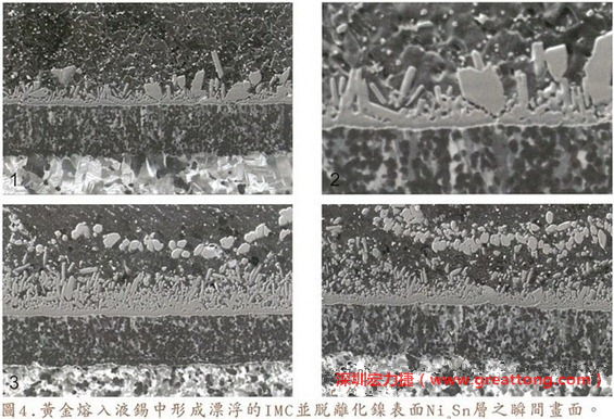 下面四張圖片為放大4500倍的SEM圖像，說明在回流焊爐熱量不足的情況下，黃金成份正要從鎳層分離融入焊錫之中的瞬間，當零件遭受外力沖擊的時候就極有可能從這一整排AuSn、、AuSn2或AuSn4的IMC處裂開。