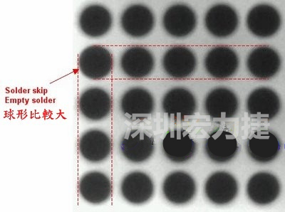 現(xiàn)在我畫幾條直線你再看看是否有發(fā)現(xiàn)那一顆BGA的錫球比較大，有空焊的可能？