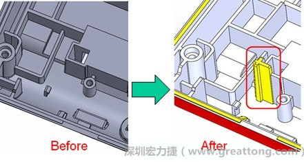 既然知道可能的問題出在電路板變形量過大，于是在電路板上黏貼應(yīng)力計(jì)(Stress Gauge)然后先量測(cè)未改善前的應(yīng)力數(shù)據(jù)。改善方法是在BGA的附近新增機(jī)溝肋柱(rib)來頂住電路板以降低電路板在落下時(shí)的變形量。