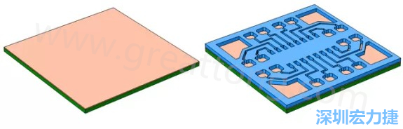 將種子層鍍于PCB板之上(左)。通過光刻法利用光刻膠繪制PCB板圖形(右)-深圳宏力捷