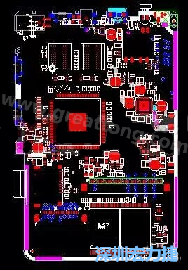 上圖是一個(gè)開發(fā)板的PCB，從布局中可以看出各個(gè)接口電路分離很明確，SDRAM和DDR以及SD卡接口電路等走線不會(huì)造成相互的干擾。-深圳宏力捷