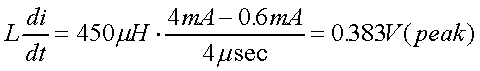 舉例來說，一個閘在"ON"而載有4mA的電流時，突然開關切到"OFF"且現(xiàn)在載有0.6mA的電流，假設開關時間為4msec，載有450mH的電感信號的導體，此時所產(chǎn)生的電壓突波為