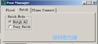 點擊工具欄File→Tools→Pour Manager調(diào)出下圖的覆銅菜單選擇Hatch，Hatch Mode則選Hatch All，按Start進(jìn)行覆銅
