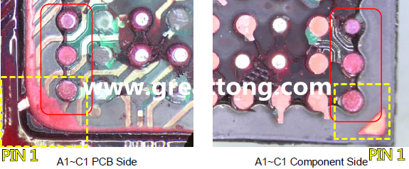 PIN-1的位置很重要，不知道Pin-1在哪里？那你怎么知道斷裂錫球在PCB的位置，如何判斷可能的應(yīng)力(Stress) 影響。一般在PCB的絲印層(白漆)上面一定會標(biāo)示零件的PIN-1位置，有的未打一個圓點，有的會畫三角形，但這張照片在PCB的PIN-1被紅墨水遮住了，如果可以的話建議那一塊沒有紅墨水的板子對照一下。