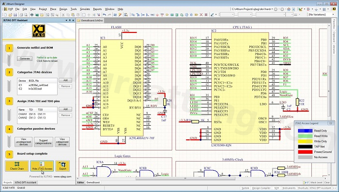 XJTAG DFT Assistant的Access Viewer模式可以清楚地顯示可用的測(cè)試存取層級(jí)，讓電路板設(shè)計(jì)人員在展開(kāi)PCB布局以前的原理圖擷取階段盡可能地提高測(cè)試存取能力