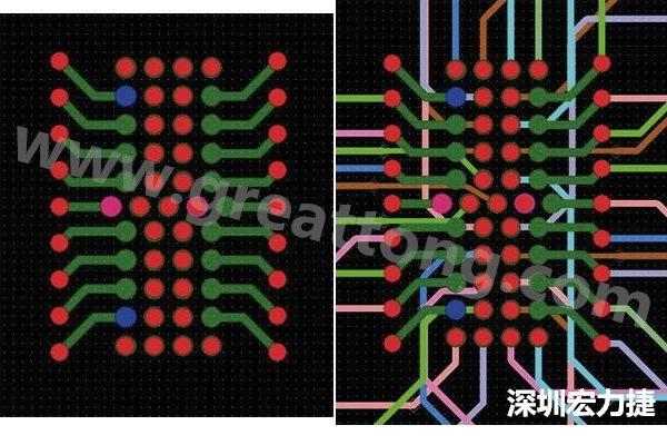 圖7：焊盤內(nèi)過孔用于內(nèi)部，而外部接腳在0.5mm閘格上扇出。圖7a顯示的是頂層(左)；圖7b顯示頂層和內(nèi)部布線層(右)。