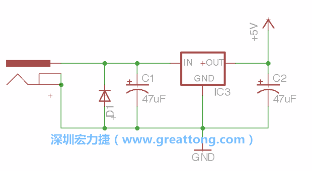 新增RBBB→Power_Jack，將它放在電壓調整器的輸入端旁邊。