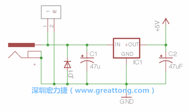 2.5.    新增一個二極體，它會以水平的狀態(tài)出現在屏幕上，請使用「旋轉（Rotate）」工具把它負極那一面朝上，并且用「網絡連接」工具將它連接在電壓調整器的輸入端和接地端之間。