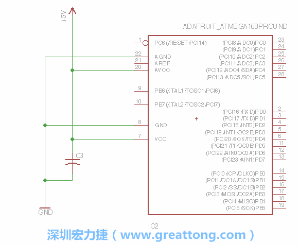 3.1.    新增微控制器晶片（RBBB → ATmega），把它放在電路原理圖的中央附近，把它的兩個(gè)接地接頭連接到接地訊號(hào)端。