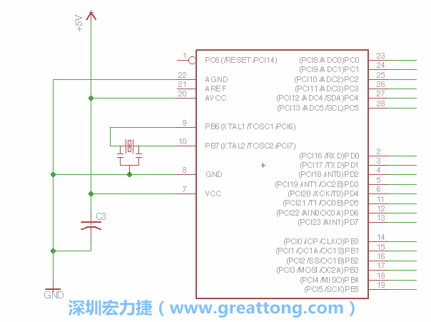 3.2.    在靠近ATmega的電源供應(yīng)針腳7的位置放置一個(gè)0.1μF的電容，將它分別連接電源、接地端和針腳7。