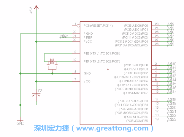 3.3.    將共鳴器（resonator）放置在針腳9和針腳10附近，將它的三個(gè)針腳連接如圖所示，并確認(rèn)最中間的針腳有連到接地端。