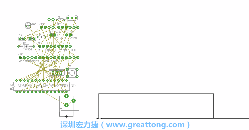 第一次執(zhí)行布線(xiàn)編輯器時(shí)，你會(huì)發(fā)現(xiàn)有兩個(gè)區(qū)塊，左邊的區(qū)塊非?；靵y，而右邊的區(qū)塊則是一個(gè)長(zhǎng)方形的工作區(qū)域，EAGLE免費(fèi)版會(huì)限制你的工作區(qū)域在4” x 3.2”的范圍內(nèi)，如果你試圖將元件擺放在工作區(qū)外的話(huà)，就會(huì)跳出警示訊息。