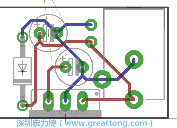 接地連結(jié)點(diǎn)的布線(xiàn)情形如下圖所示，利用這個(gè)練習(xí)來(lái)避免電路連線(xiàn)銳角化的產(chǎn)生是一個(gè)不錯(cuò)的選擇，你可以在工具列中的彎曲線(xiàn)路（Wire Bend）選項(xiàng)里改變各種布線(xiàn)的變化。