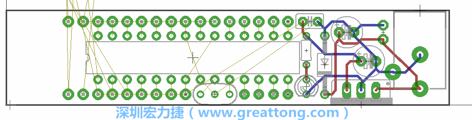 將ATmega微控制器、三個(gè)GPIO排針（JP2, JP3, JP4）和諧振器（resonator）排置如上圖所示。