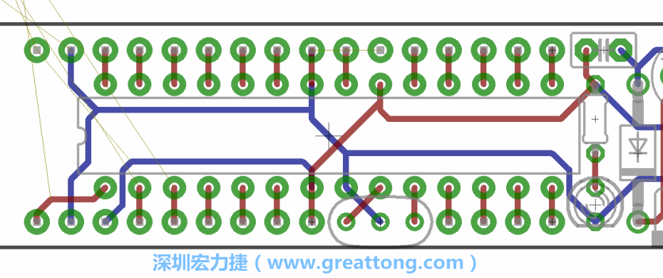 如果可以的話(huà)盡量讓接地線(xiàn)保持在電路板的背面，這樣它們就可以在可能范圍內(nèi)和最大的接地面連結(jié)在一起。