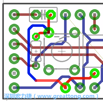 為了要?jiǎng)?chuàng)造一個(gè)電路通道，首先要先點(diǎn)擊重置開(kāi)關(guān)的連結(jié)點(diǎn)進(jìn)行布線(xiàn)，在電路板的背面繪制線(xiàn)路直到其它線(xiàn)路前的乾淨(jìng)區(qū)域。