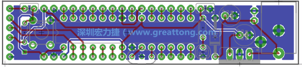 第二篇文章則帶領(lǐng)你進(jìn)行電路板上的布線、連結(jié)點(diǎn)的配置，并利用「設(shè)計(jì)規(guī)則檢查（Design Rule Check）」測(cè)試你的設(shè)計(jì)，第二篇文章的電路板設(shè)計(jì)圖將如下所示：
