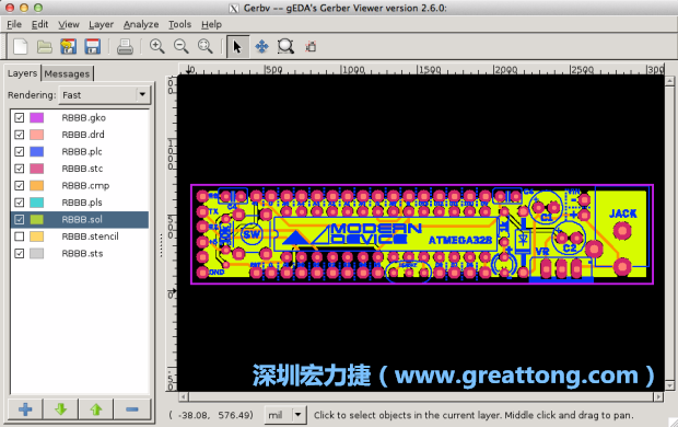 將圖層匯入你的Gerber預(yù)覽工具內(nèi)（下圖為Gerbv），我通常會(huì)從上到下重新排列它們的順序，好讓我比較好校對(duì)：