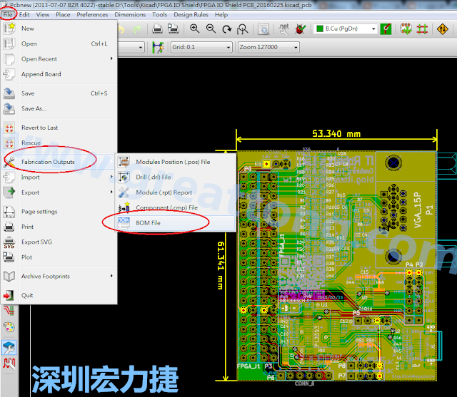 在Kicad的PCB Editor, 點(diǎn)選 File->Fabrication Outputs->BOM File, 即可產(chǎn)生一個(gè) .csv 的Excel 檔案。