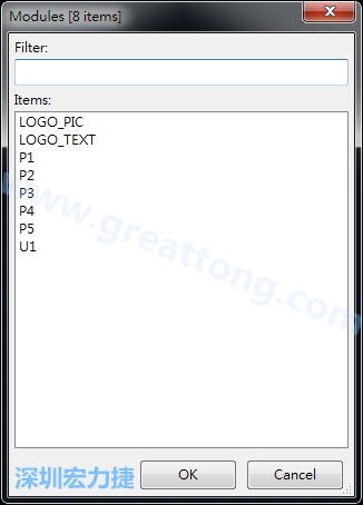 從目前正在編輯的PCB載入Module， 會顯示有那些項(xiàng)目可載入。點(diǎn)選一個(gè)， OK后即完成載入