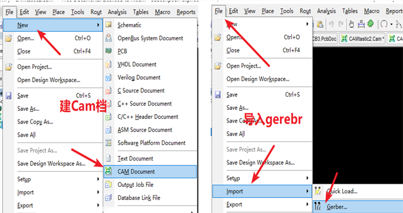 在File下新建 Cam檔，建后再File下導(dǎo)入Gerber文件，選擇所有文件導(dǎo)入gerber。