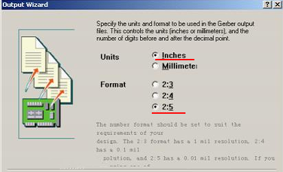 在上圖中選擇“Inches 2：5”，以確保資料精度，反之線寬、線距或孔有偏移現(xiàn)象