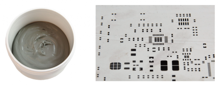 焊膏（左），PCB模板激光切割孔（右）